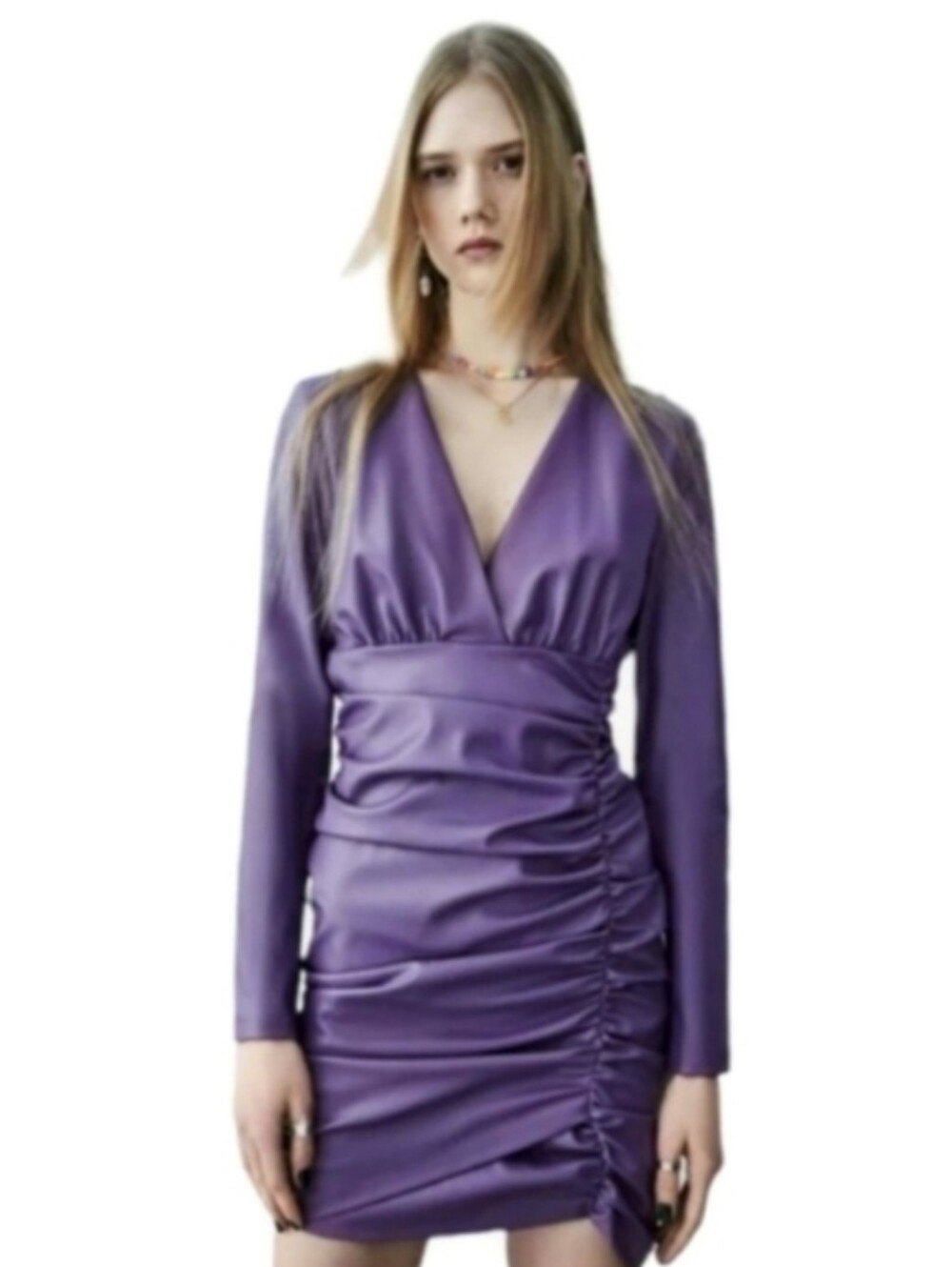 Zara Faux Leather Bodycon Dress Purple Long Sleeve Ruched Small NWT